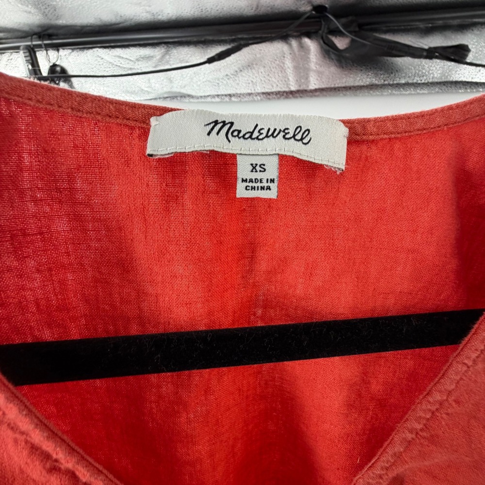 Madewell Ruffle Peplum Wrap Top Red Linen Blend V-Neck XS Short Sleeve - Picture 2 of 6